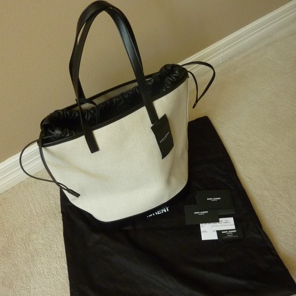 SAINT LAURENT 'Teddy' Medium Canvas/Leather Drawstring Shopping Tote Bag (NEW) - Picture 4 of 15